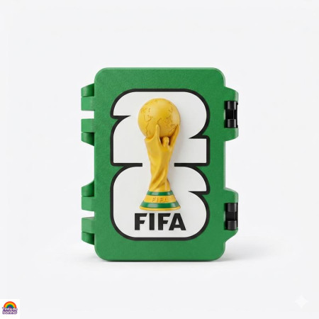 Caixa organizadora verde e branca com o troféu do Mundial, capacidade para 200 cromos de futebol, produzida no atelier Tinta de Sonho.
