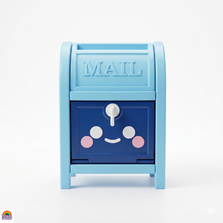 porta_canetas_1.jpg Porta canetas MailBox azul aberto, mostrando gavetas internas estilo cesto e chave branca em formato de coração.